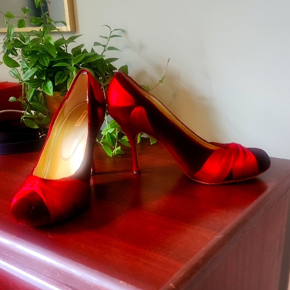Max STUDIO Deep Red Satin And Velvet High Heeled Pumps